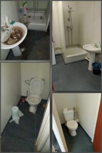 Porównanie przed-po kompleksowego czyszczenia sanitariatów